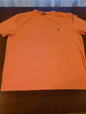 Nautica Men's Orange Crewneck Short Sleeve Tee with Navy Sail Logo